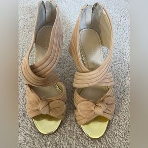 Charlotte Olympia peeptoe suede sandal heels with gold heels. Size 36.5